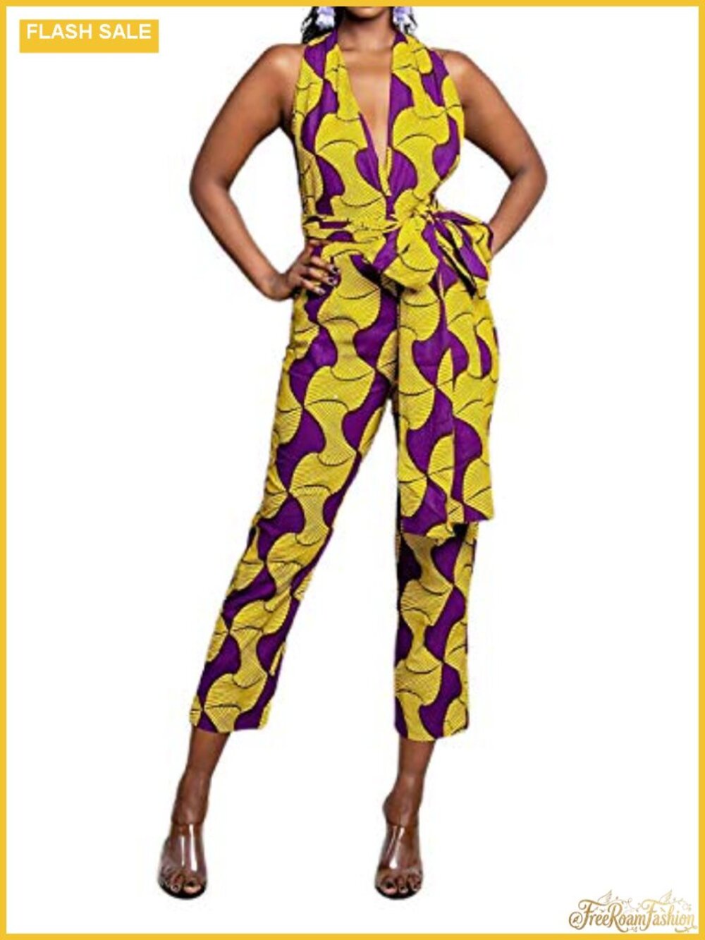 Womens African Jumpsuit Romper V-Neck Multi-Way Wide Leg Pants
